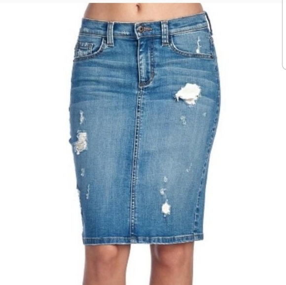 Sneak Peak Distressed Denim Pencil Skirt - Picture 1 of 12